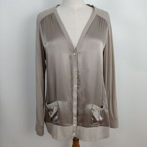 Chico's Silk Button Front Cardigan Size Large / 2 Champagne Tan Cotton Modal